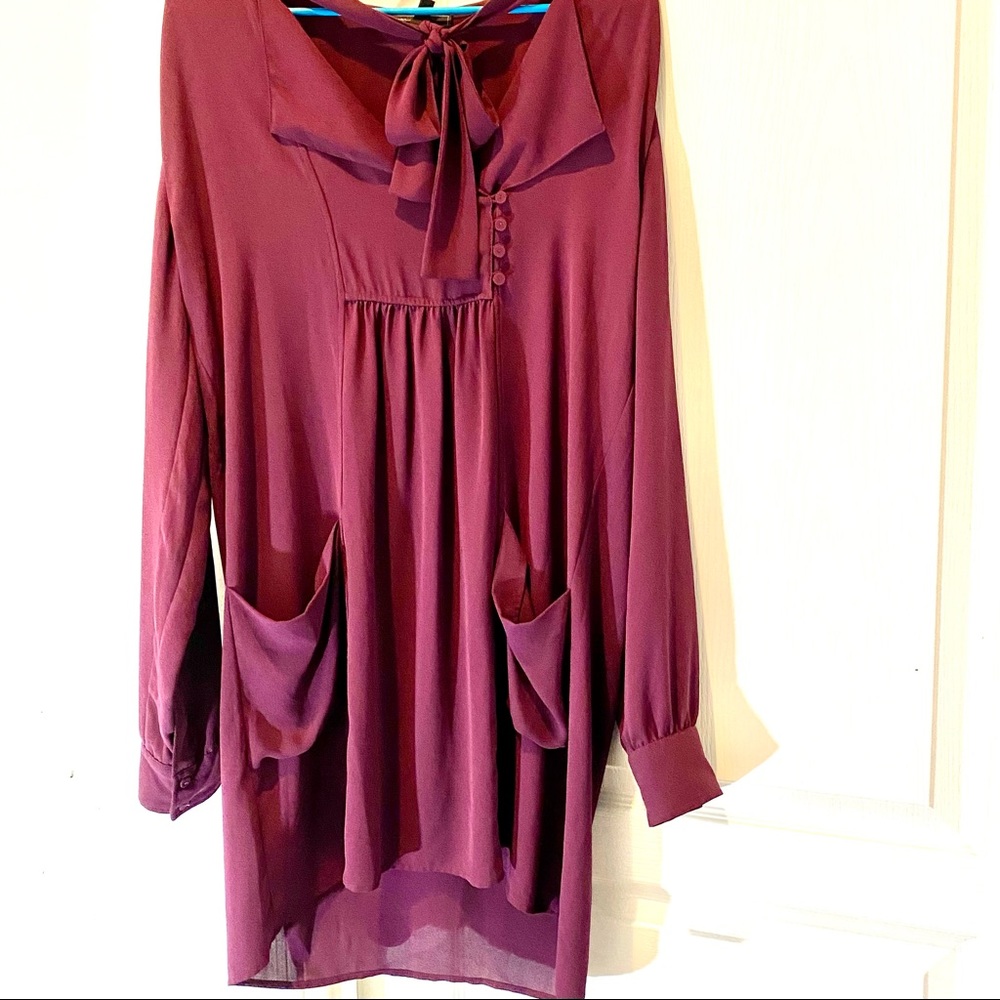 BCBGMaxazria Long Sleeve DaMario Mini Dress w Front Neck Sash in Berry - Picture 9 of 11
